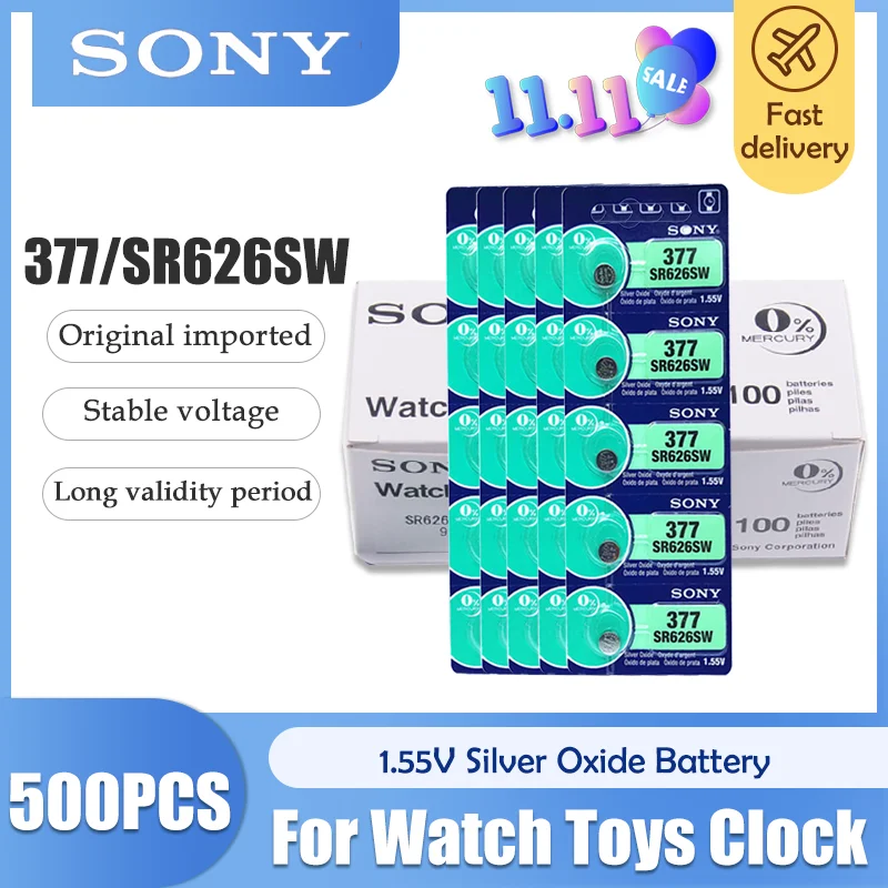 500 шт. 100% Sony Оригинал 1 55 в 377 SR626SW SR626 AG4 оксид серебра часы батарея Кнопка монета