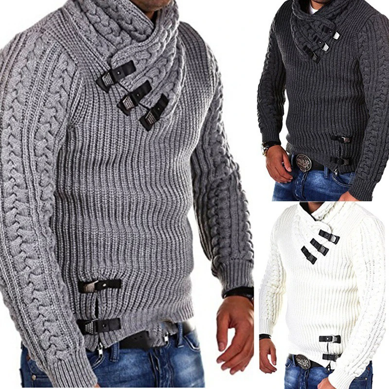 Новинка, мужской свитер на пуговицах с высоким воротом, мужской осенний приталенный свитер с длинным рукавом, пуловер, одноцветные топы, S-3XL