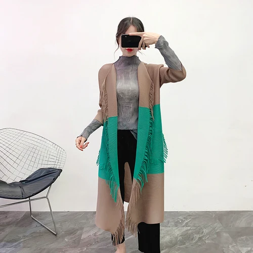 Khaki Лоскутное пальто для женщин Miyake плиссированные, пожалуйста, отложной воротник кисточка открытая стежка тренчи Свободные повседневные пальто размера плюс - Цвет: Khaki
