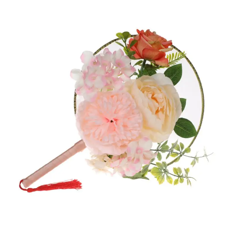 Chinese Style Round Hand Fan 3D Artificial Flowers Decorative Fans For Wedding Costume Accessories, Photography Props PL