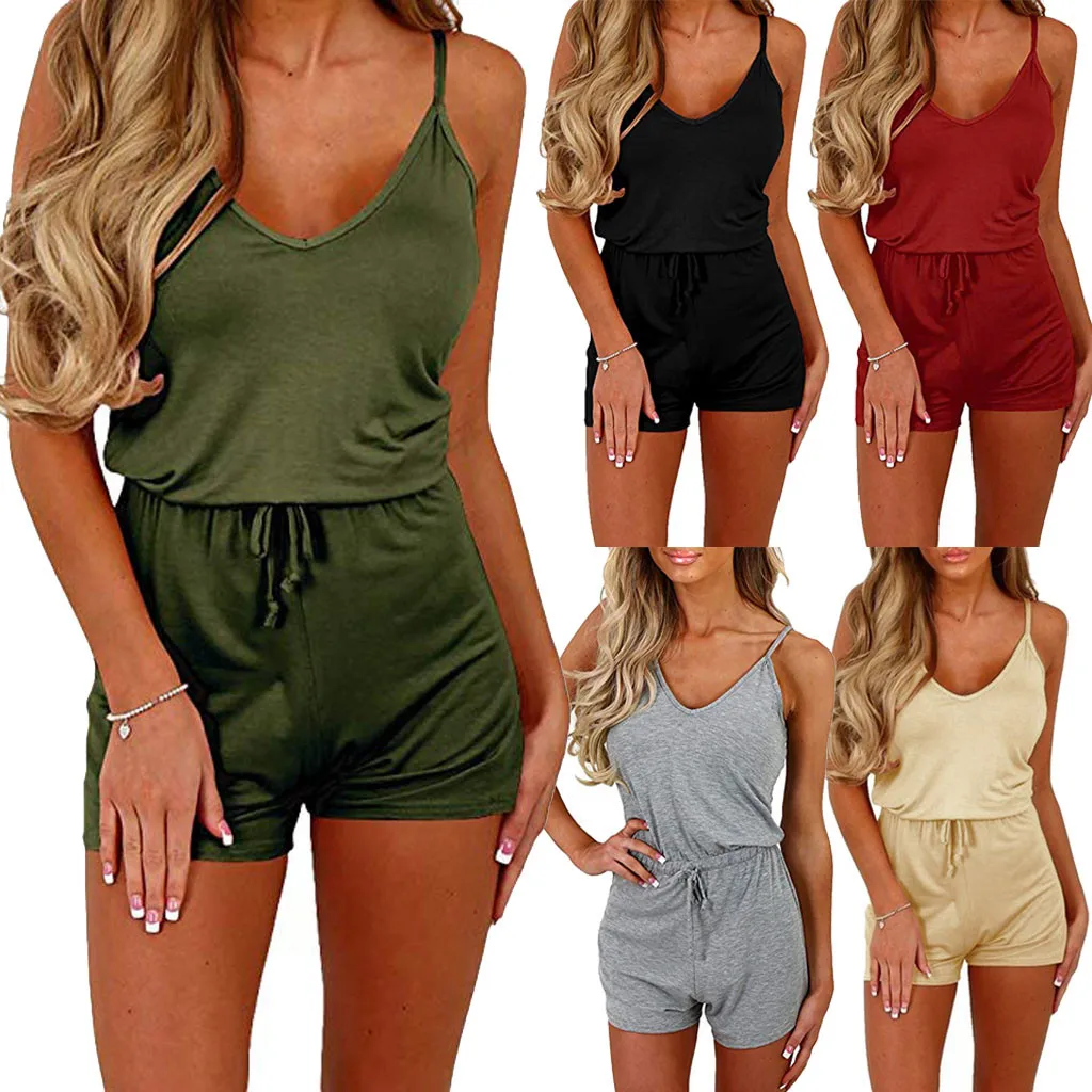 Сексуальный короткий комбинезон Женский однотонный без рукавов на талии
