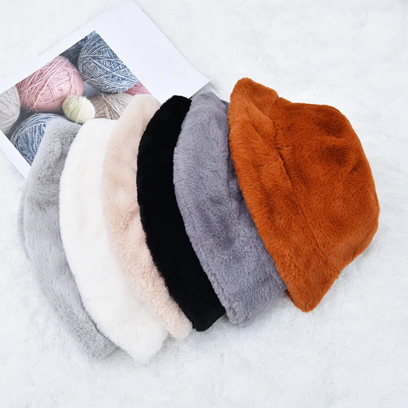 Elegant Solid Wool Outdoor Hat Women Coral Fleece Bucket Hat Cute Winter Autumn Keep Warm Korean Streetwear Cap Round Bow