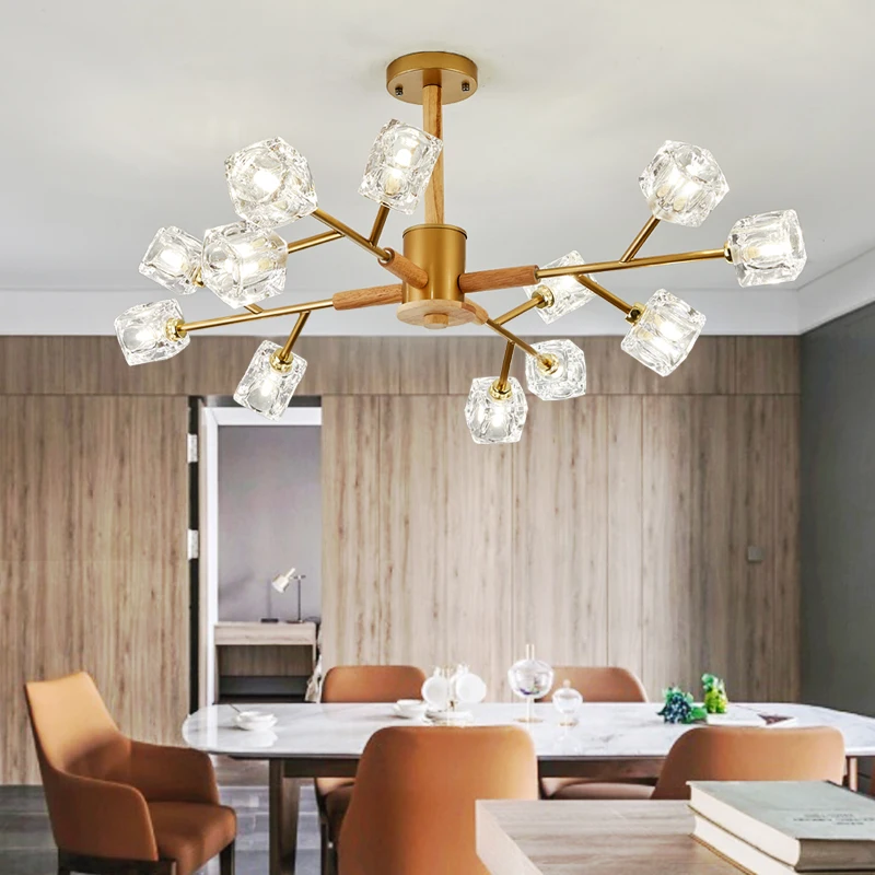 Nordic Wood Pendant Light LED Living Room Crystal Glass Pendant Lamp Living Dining Room Balcony Study Lighting Decor Luminaria