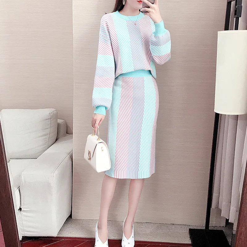 

2020 Spring New Style Fashion WOMEN'S Dress Mixed Colors Elegant Sweater Skirt Two-Piece 9495