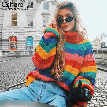 

New 2020 Rainbow turtleneck sweaters women winter 2018 jumpers knitted clothes fashion striped oversized pullover female sale