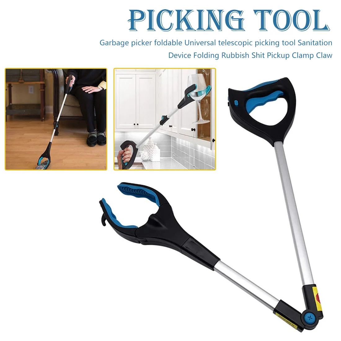 Garbage Pick Up Tool with LED Metal Garbage Clip Reacher Sanitation Device Folding Rubbish Shit Pickup Clamp Claw Kitchen Garden