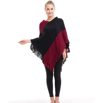 

New Fashion Women Poncho Tassel Sweater Plaid Stripe Pulloer Knitted Women Sweaters And Pullovers