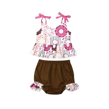 

1-6Y Toddler Baby Girl Clothing Set Cute Donut Print Bow Vest Tops + Ruffles Shorts Outfits Kid Girls Costumes Summer Clothes