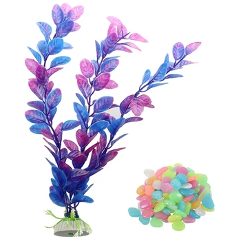 

Purple Blue Artificial Water Plants for Fish Tank Aquarium with 100Pcs Glow in the Dark Stones Pebbles Rock