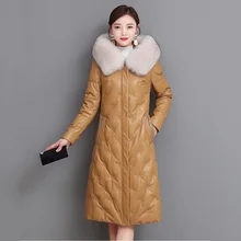 

M-5XL New Genuine Leather Down Jacket Women Autumn Winter 2021 Fashion Fox Fur Collar Hooded Embroidery Slim Sheepskin Down Coat