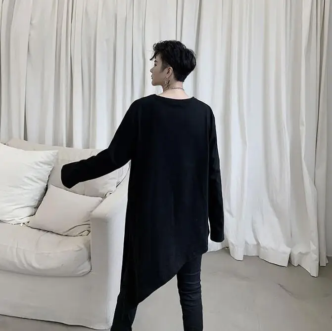 M-XL! весенние и осенние модели темных личностей Наклонный подол Сплит дизайн Мужская свободная футболка с длинными рукавами сплошной цвет джемпер