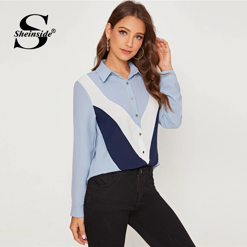 Sheinside, элегантная синяя Лоскутная Женская блузка с принтом, осень, на пуговицах, блузки для девушек, рабочая одежда, минималистичный топ с отделкой