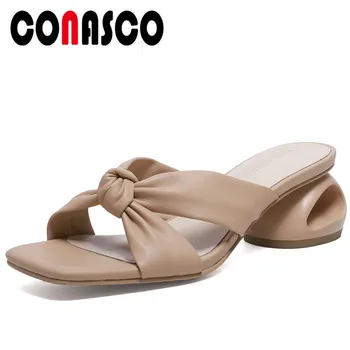 

CONASCO Summer 2020 New Arrival Women Sandals Fashion Concise Elegant Fretwork High Heels Slippers Cross-Tied Casual Shoes Woman