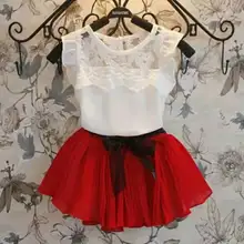 Chiffon Girls Clothing Set White Green Red Lace Shirts Tutu Skirt 2pcs Kids Suits for Girl Kids Baby Summer Children Clothes