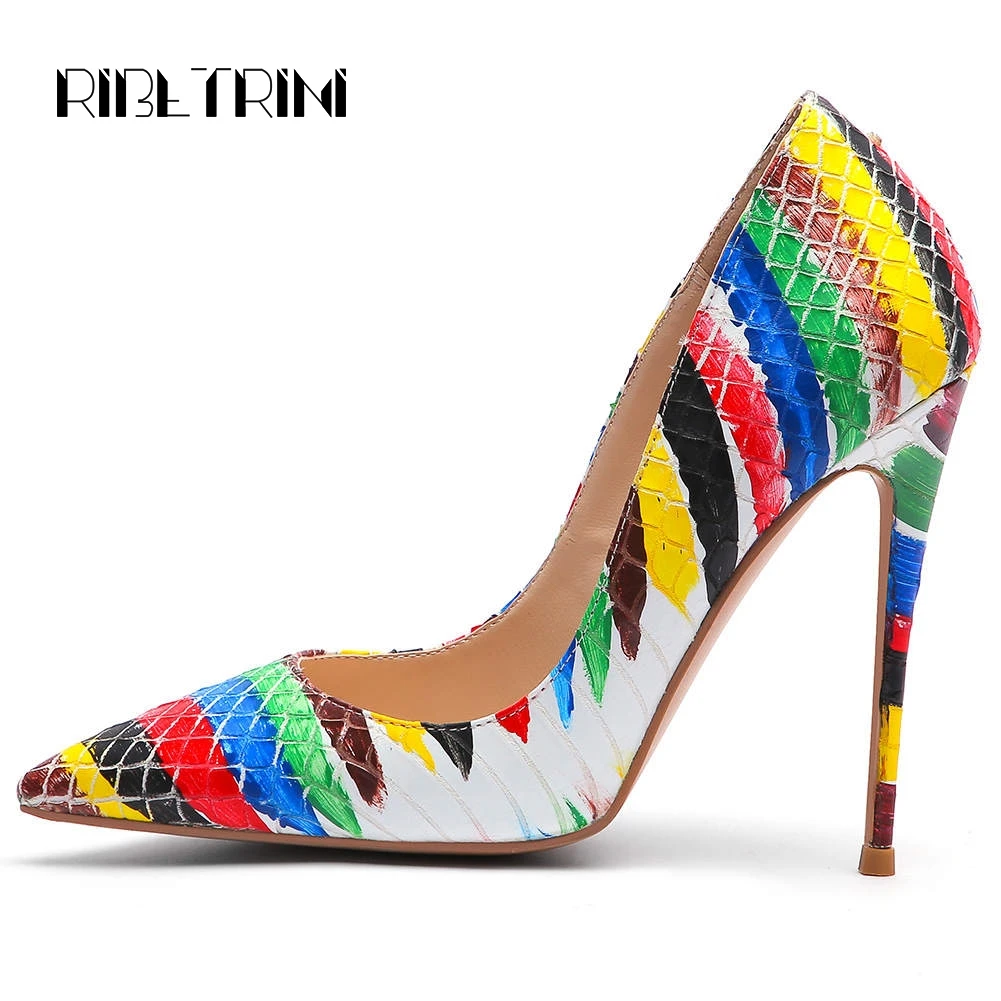 

RIBETRINI Women Colorful Print Party Wedding Shoes Woman Sexy Thin High Heel Pointed Toe Pumps Big Size 34-45