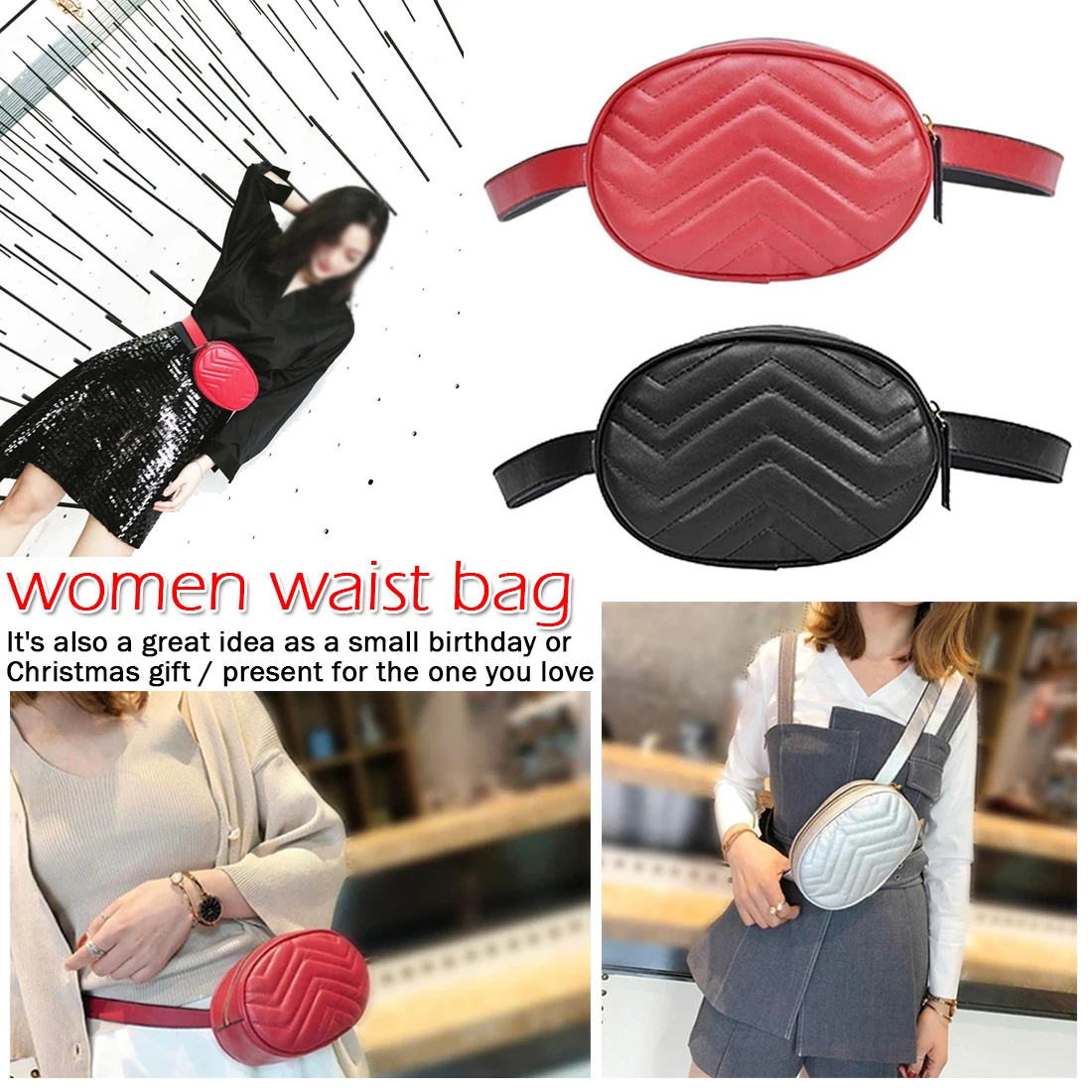 

Vintage Portable Women PU Leather Waist Packs Oval Shoulder bag with Zipper Adjustable Ladies leather Waist Wallet Fanny Bags
