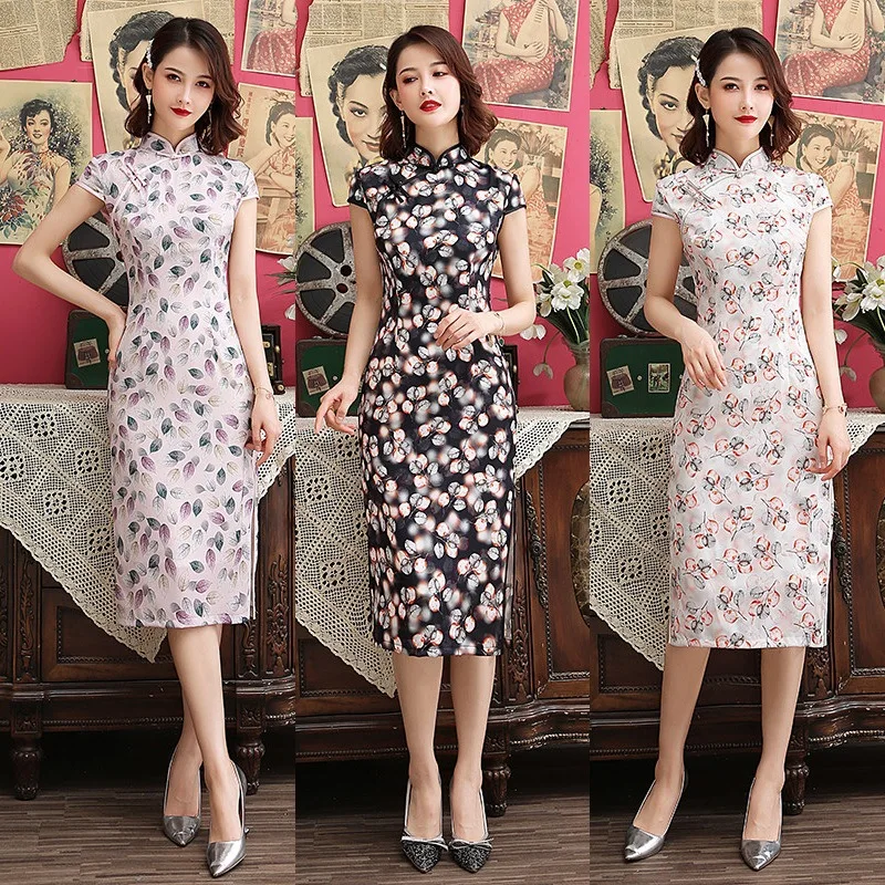 

Sexy Mandarin Collar Qipao Women Cheongsam Chinese Traditional Dress Print Satin Dress M-4XL