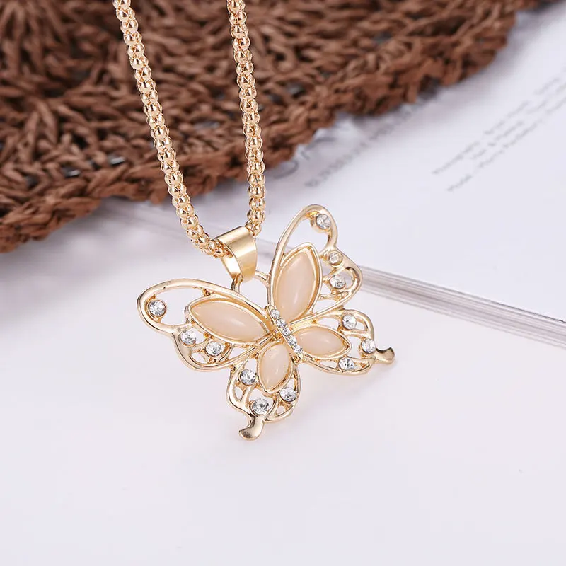

Butterfly sweater necklace for women with pink stone zircon necklace fashion 2019 2020