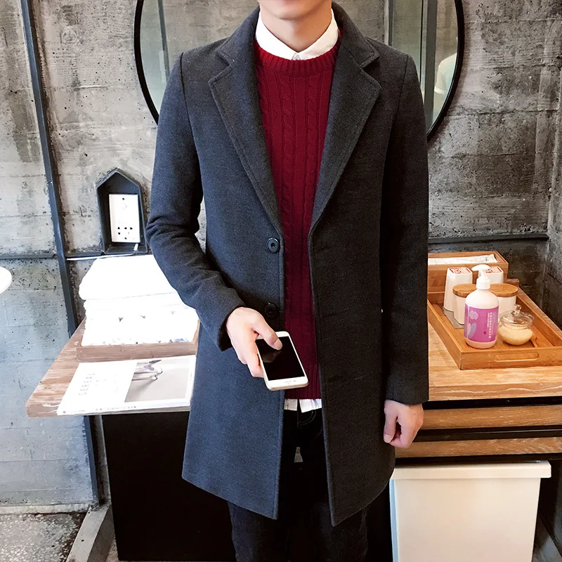 New Winter Wool Coat Men Leisure Long Sections Woolen Coats Men's Pure Color Casual Fashion Jackets/Casual Men Overcoat 3XL - Цвет: Темно-серый