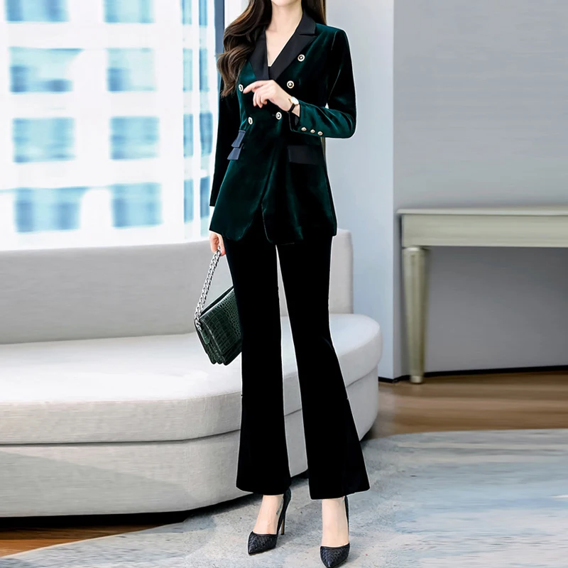

Fashion Women Blazers Suits Long Sleeve Double-Breasted Velvet Blazer Pants Suit Office Ladies Two-piece Blazer Sets Spring