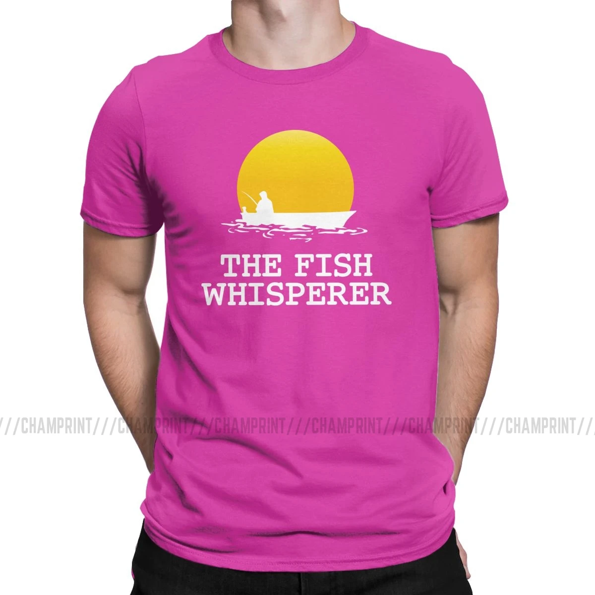Для мужчин футболки рыба Whisperer Смешные натуральный хлопок Футболка короткий рукав Рыбалка смешные ботинки в рыбацком стиле; футболка с круглым вырезом Костюмы - Цвет: Фуксия