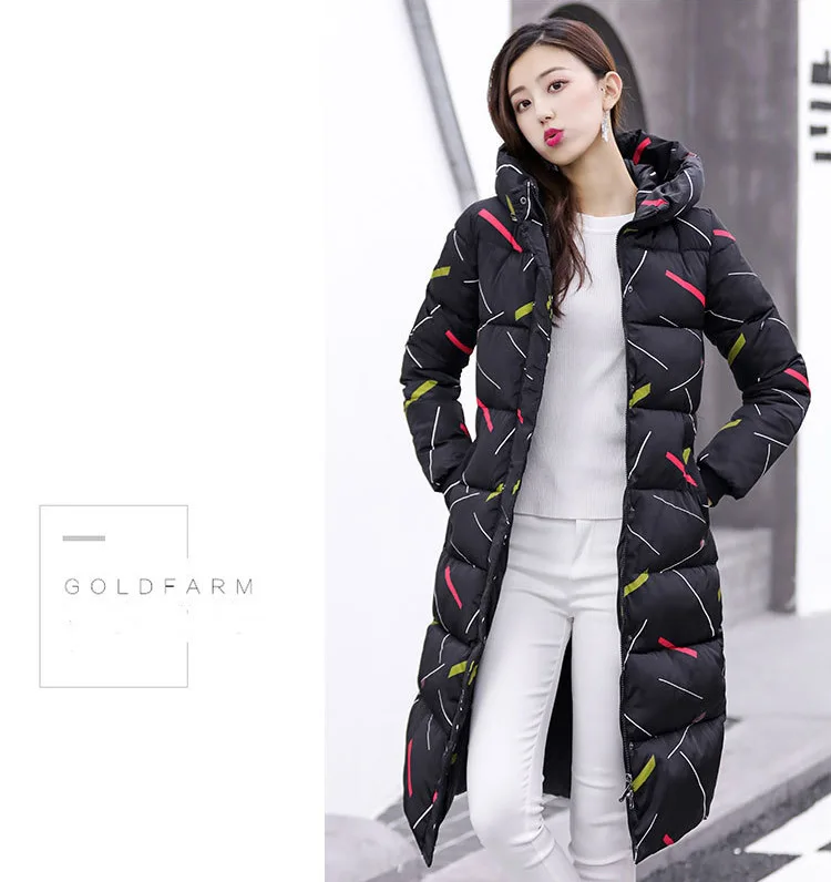 Winter Jacket Coat Women Hooded Cotton Padded Long Parkas New Women Coat Warm Slim Fit Printed Women Jacket