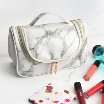 

Multifunctional Portable Travel Wash Makeup Bag PU Material Marble Pattern Cosmetic Storage Bag