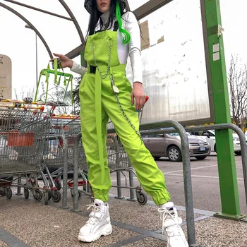 

Stylish jumpsuit Pockets Overalls Chains Buckles Women Suspenders Trousers Loose Streetwear Capris Female Casual Pants