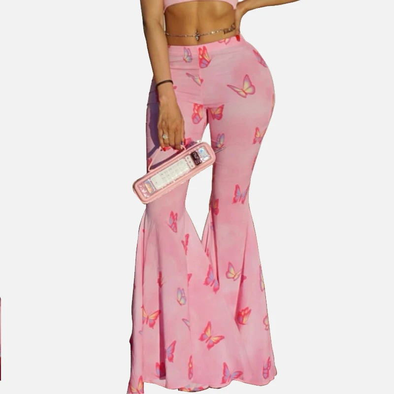 Розовые расклешенные брюки с принтом бабочки женские милые брюки со средней посадкой повседневные брюки для вечеринок женские осенние повседневные штаны Femme - Цвет: Розовый