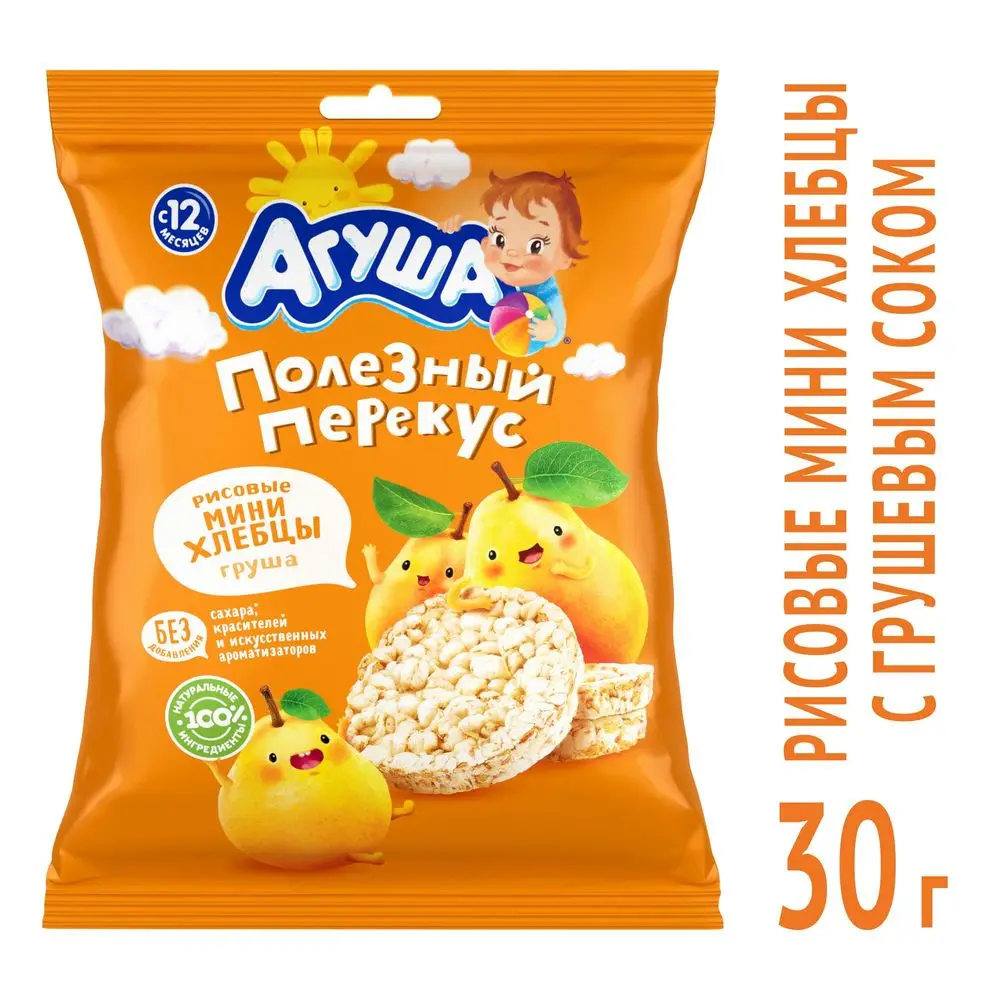 Bread Agusha mini rice with pear juice 30g from 12 months Mother Child Babys Kids food Baby Snack formula Children's | Мать и ребенок