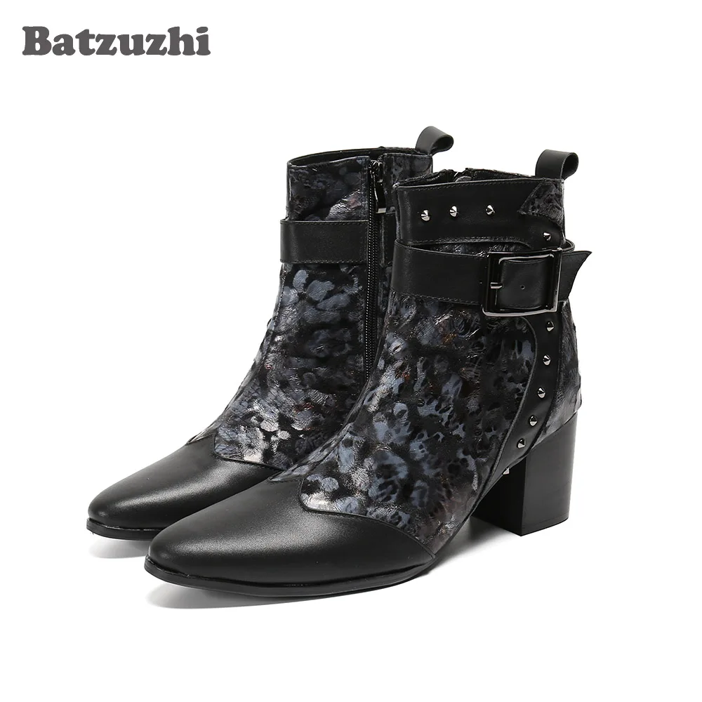 

Batzuzhi 7.5cm High Heel Men's Boots Pointed Toe Fashion Ankle Boots Gentleman Zip Rivets Boots Men Botas Hombre, Big Size 38-46
