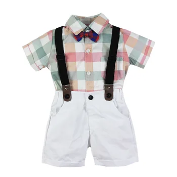 

Baby Romper Suit For Infant Clothes Bow Formal Gentleman Children Plaid Shirt White Belt Shorts Newborn Set