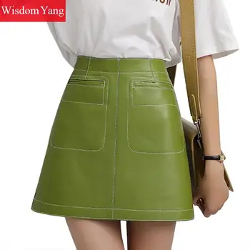 

Summer Genuine Leather Short Skirts Woman High Waist Mini Skirts Sheepskin Women Sexy Black Green Aline Ladies Korean Clothes