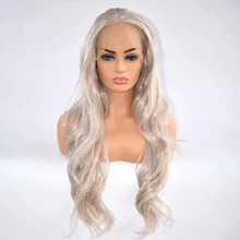 Высокая плотность, ручная вязка, серебряная волна, высокая температура, волокно, жаростойкий, без клея, синтетический передний парик на шнуровке для всех женщин