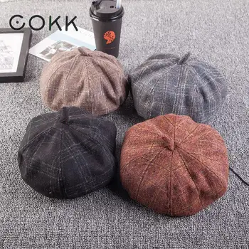 

COKK Women Wool Beret For Winter Female Cotton Hats Plaid Vintage Octagonal Hat Female Casual Boina Autumn Girl Cap Elegant Lady