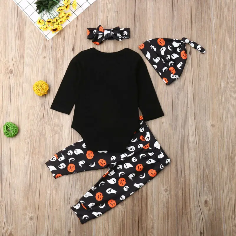 Emmababy, комплект из 4 предметов для маленьких мальчиков и девочек, комбинезон с длинными рукавами и рисунком тыквы на Хэллоуин, комбинезон, штаны, комплекты одежды, осенняя одежда