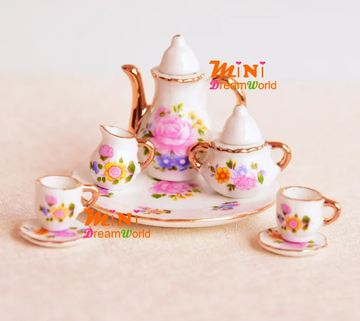 [Dollhouse Mini Furniture Accessories Model] 6 Points Classical British-Style Rose Large Tea Set