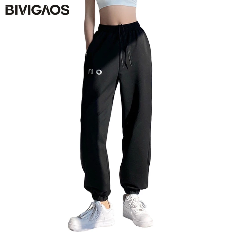 Pantalones deportivos con letras de goma para mujer, pantalón holgado de algodón de alta, color negro, estampado, para primavera y otoño|Pantalones y pantalones capri| - AliExpress