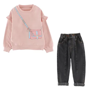 

Autumn Children's Clothes Korean Girl Print Cute Sweater Simple Jeans 2pcs Girl Fashion Suit Outfits