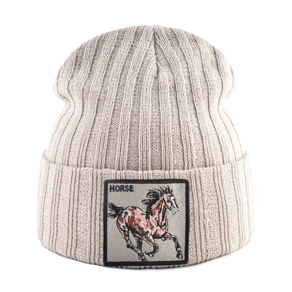 Neue Skullies Mützen Mit Pferd Stickerei Patch Gestrickte Einfarbig Hüte Für Männer Frauen Outdoor Streetwear Motorhaube Kappe Jungen Hut – Detail 7