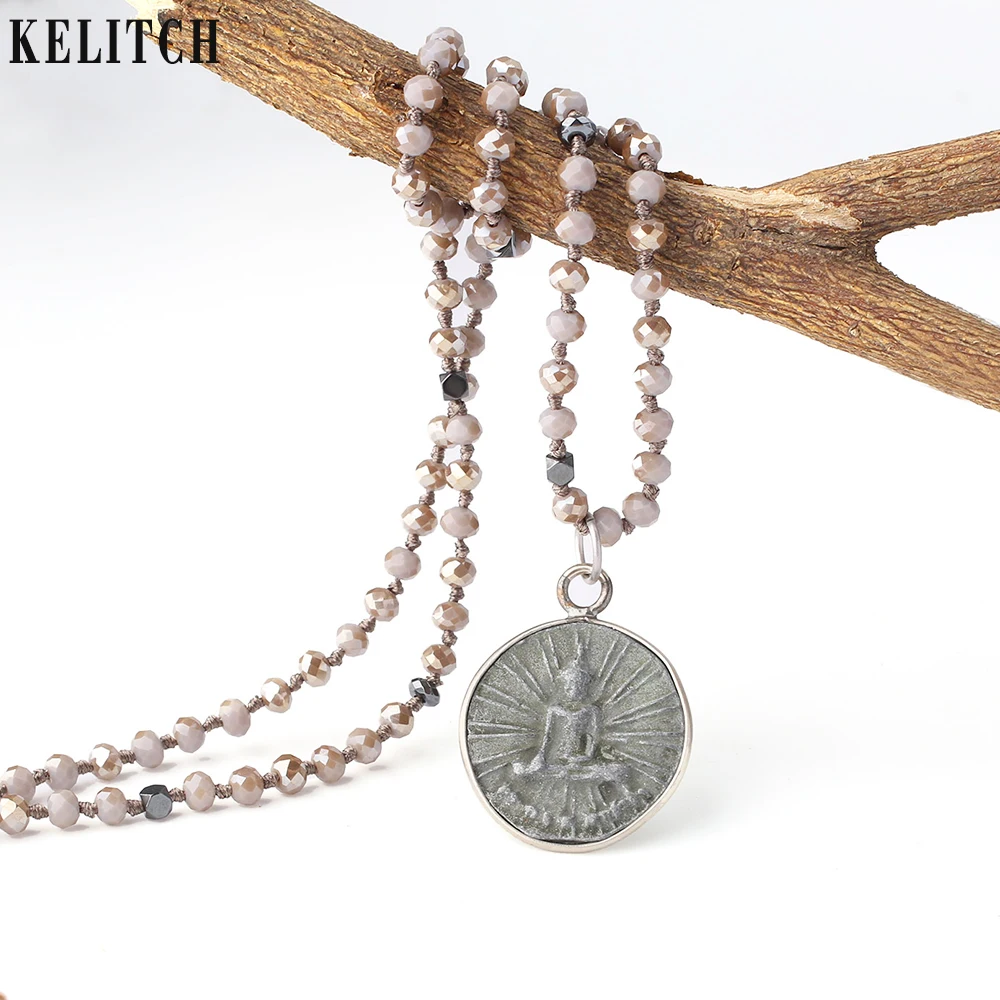 

KELITCH Bohemia Beach Necklace Hand Knotted Buddha Statement Necklace Double Face Crystal Beads Long Chain Girls Trendy Jewelry