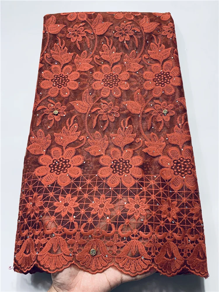 Модная оранжевая кружевная ткань с вышитыми нигерийскими бусинами высокое