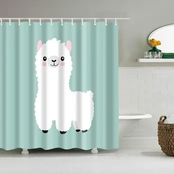 

Waterproof Thicken Green Shower Curtain Lovely Cartoon Alpaca Mildew Proof Bath Tub Shower Curtain with 12 pcs Hooks