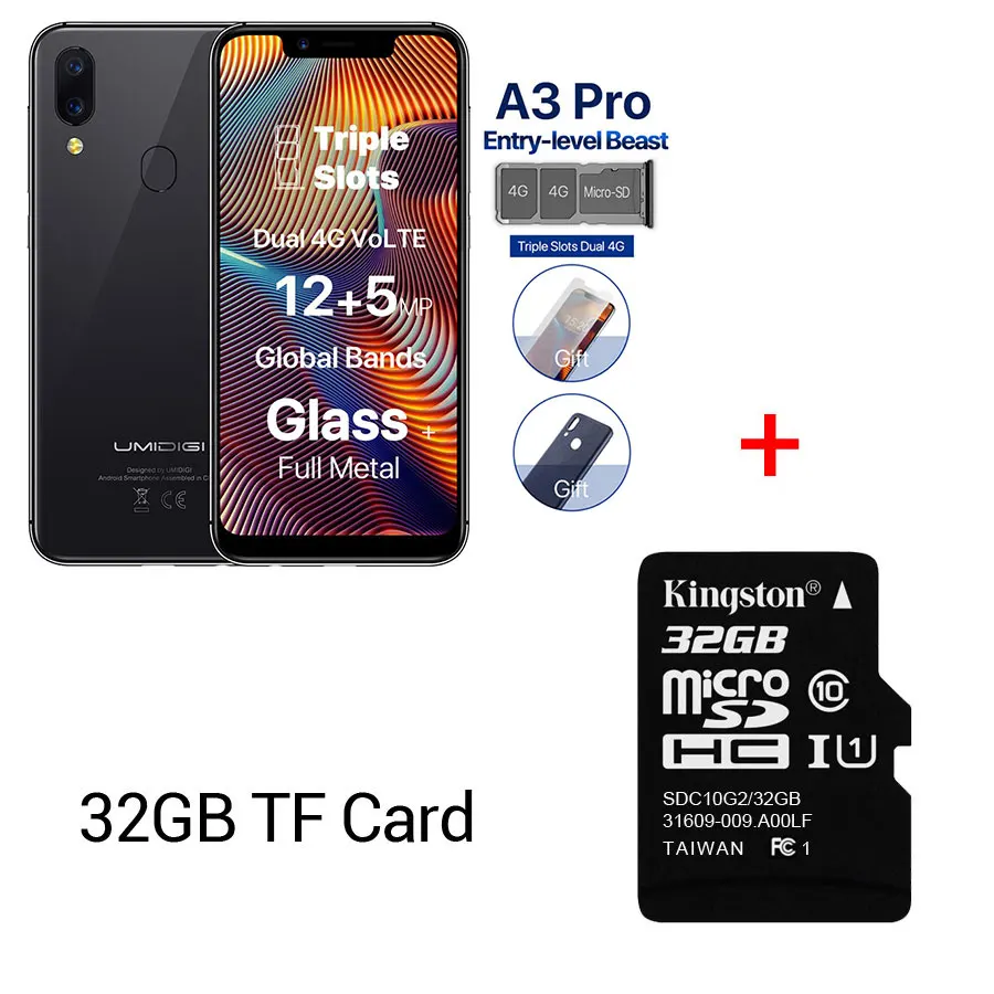 Смартфон UMIDIGI A3 Pro Android 9,0 с полным экраном 5," 19:9 3 ГБ ОЗУ 32 Гб ПЗУ четырехъядерный 12 Мп+ 5 Мп разблокировка лица двойной 4G - Цвет: Gray n 32GTF Card
