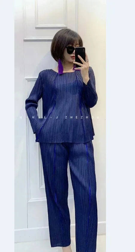 Miyake fashion suit fold o-neck long sleeve T-shirt+ nine points Harem pants two-piece outfit IN STOCK