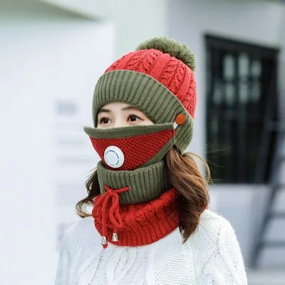 Зимние женские шапки, 3 шт., теплые шапки бини, шапки Skullies с маской, воротник, нагрудник, женские толстые, анти-смоговые, вязаные шапки, Прямая поставка