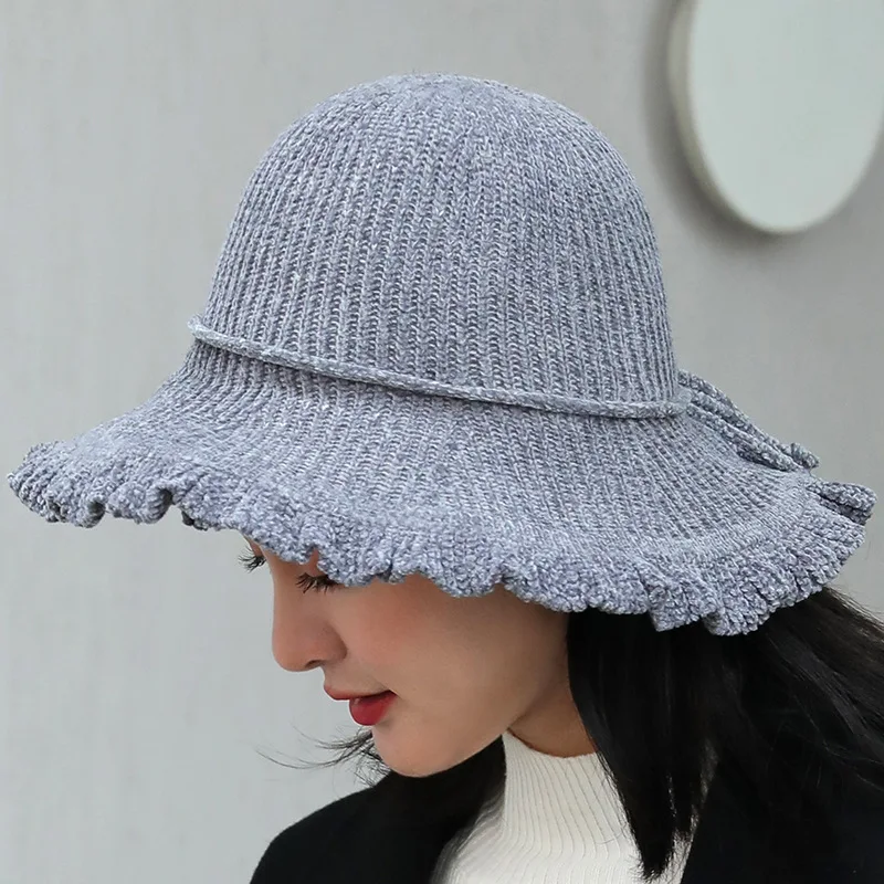 Pure color chenille bucket hat 2109 new female Wild Joker Sunshade basin hat with big brim retro hat autumn/winter hat for women