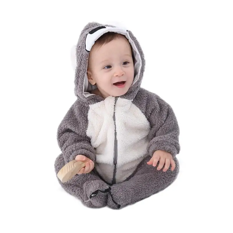 Newborn Baby Boys Rompers Coral Fleece Winter Warm Bebe Kid Clothes Long sleeve Baby girls clothing Animal Overall Baby jumpsuit - Цвет: Серый