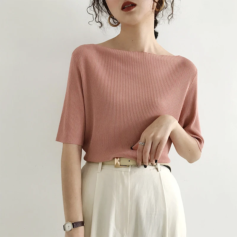 2021Summer Women Shirts Solid Slash Neck Casual Loose Ice Silk Sweater Female T-Shirt Half Sleeve Office Lady Tops | Женская одежда