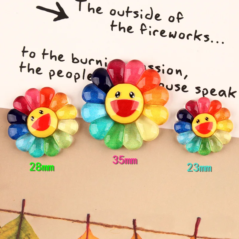 100pcs 23/28/35mm Lovely Colorful Fashion Cute Smiling Face Sunflower Resin Charms for DIY Hair Accessories Jewelry Making
